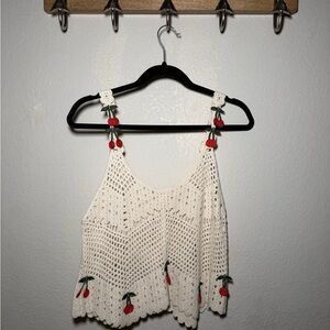 Rebellion Cream Crochet Crop Top with Cherry Accents